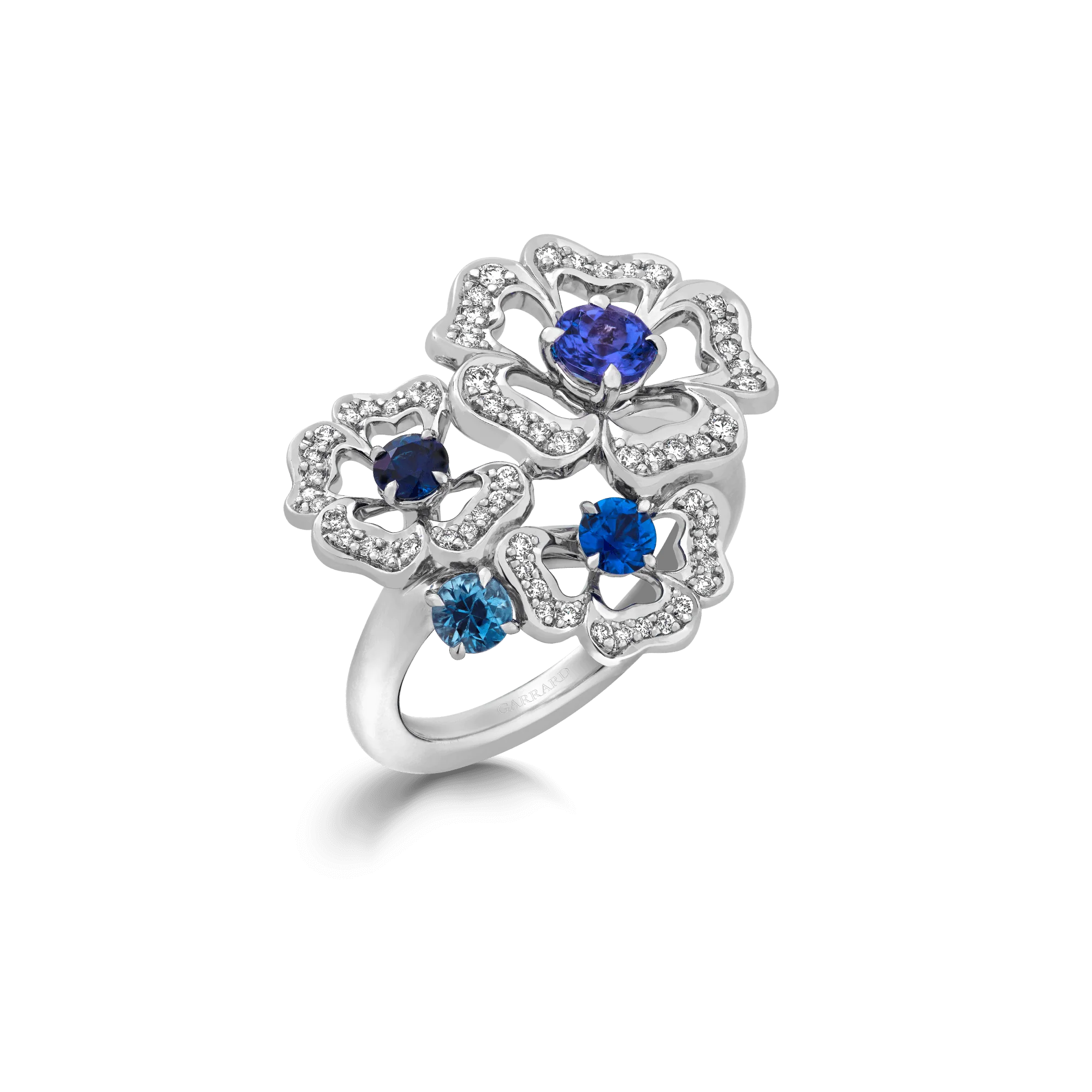 Tudor Rose Petal Sapphire and Tanzanite Ring | In 18ct White Gold with Diamonds