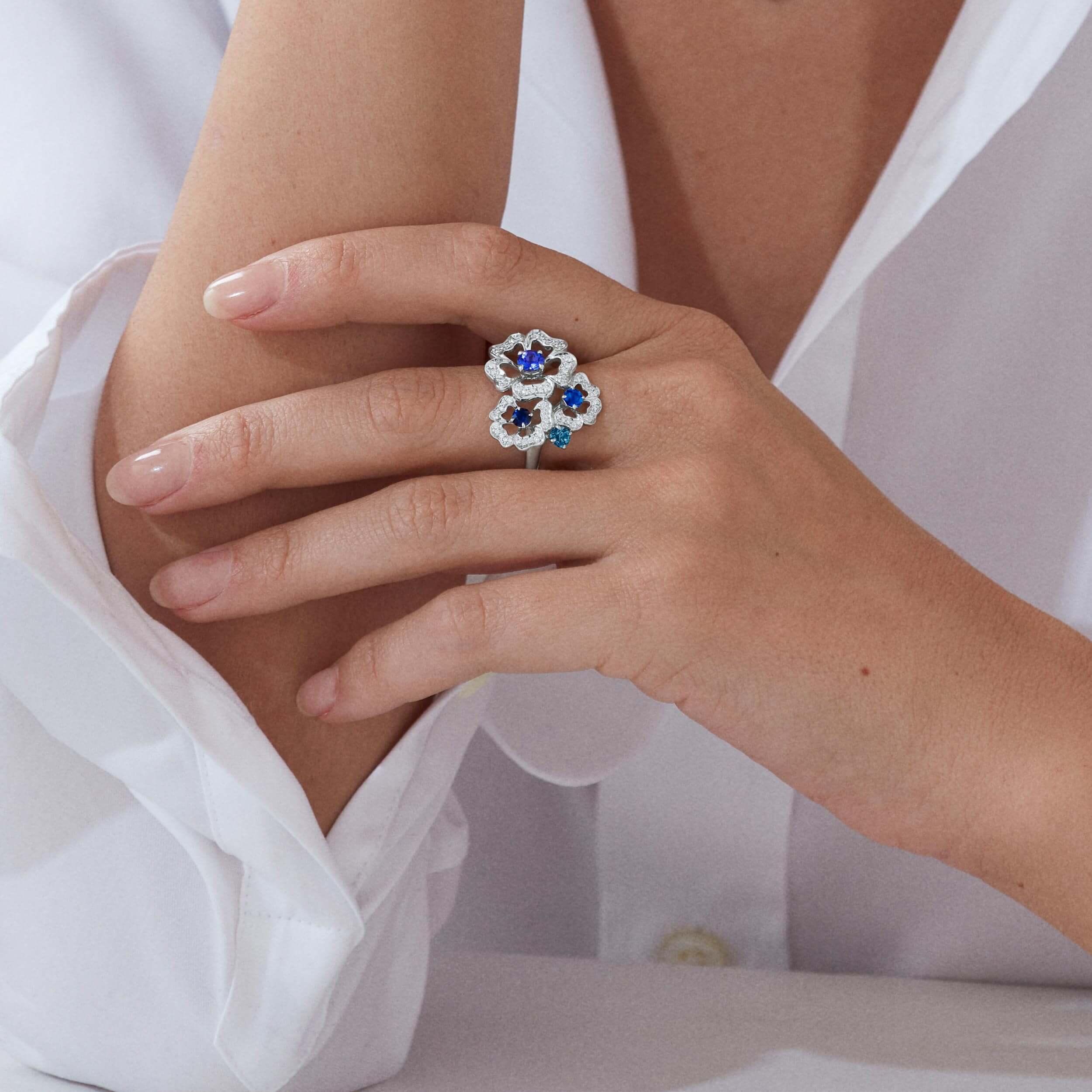 Tudor Rose Petal Sapphire and Tanzanite Ring | In 18ct White Gold with Diamonds - Image 2