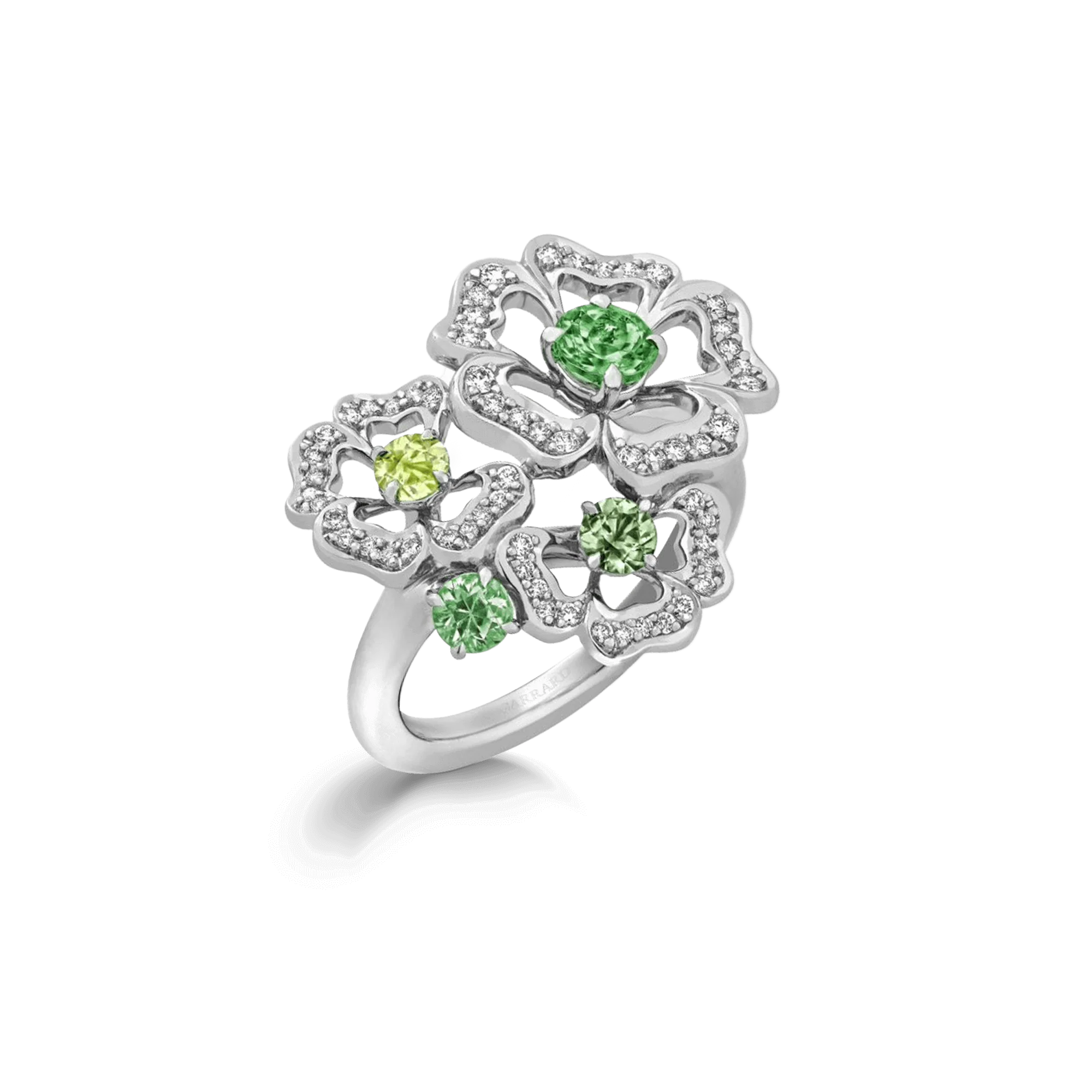 Tudor Rose Petal Tourmaline, Peridot and Green Sapphire Ring | In 18ct White Gold with Diamonds