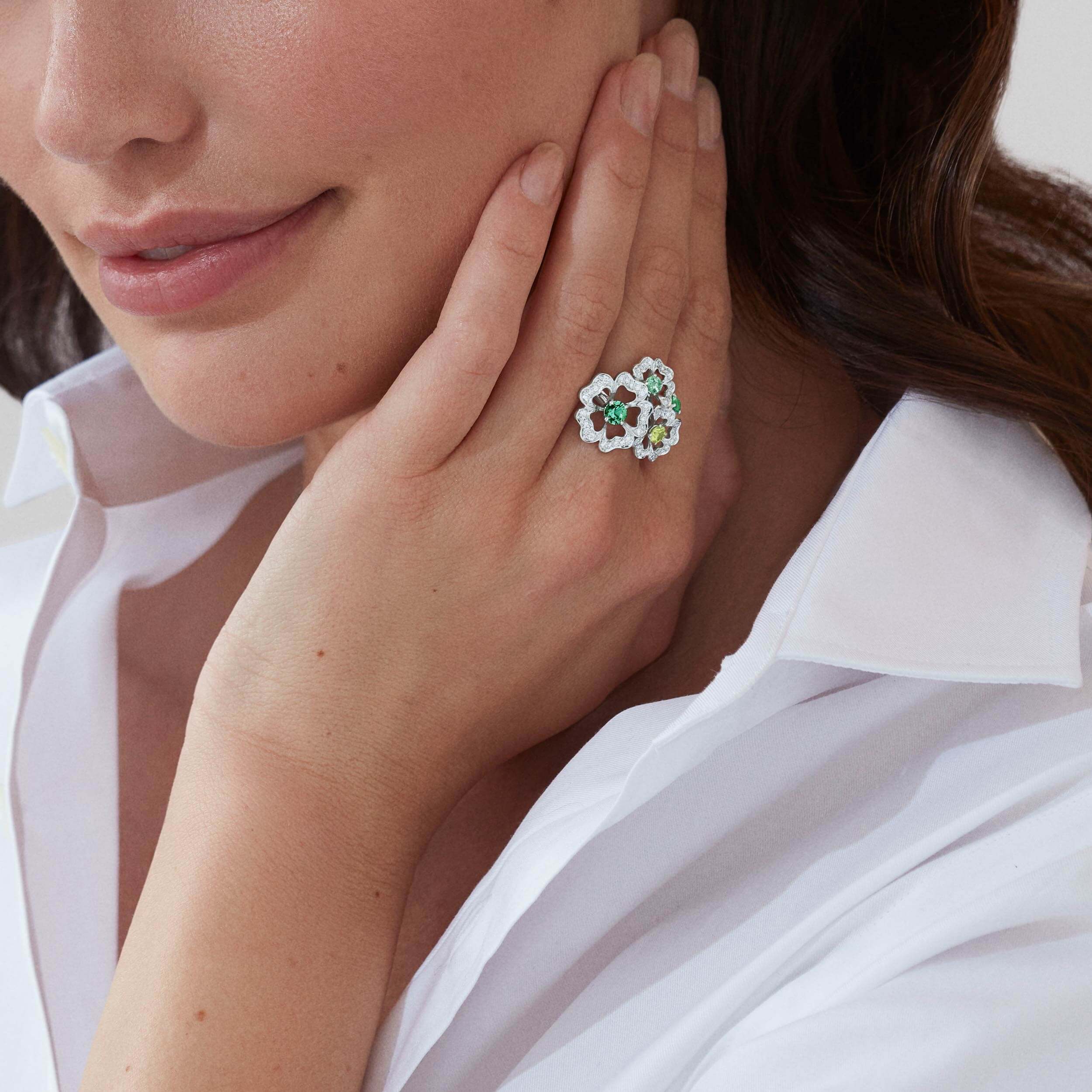 Tudor Rose Petal Tourmaline, Peridot and Green Sapphire Ring | In 18ct White Gold with Diamonds - Image 2