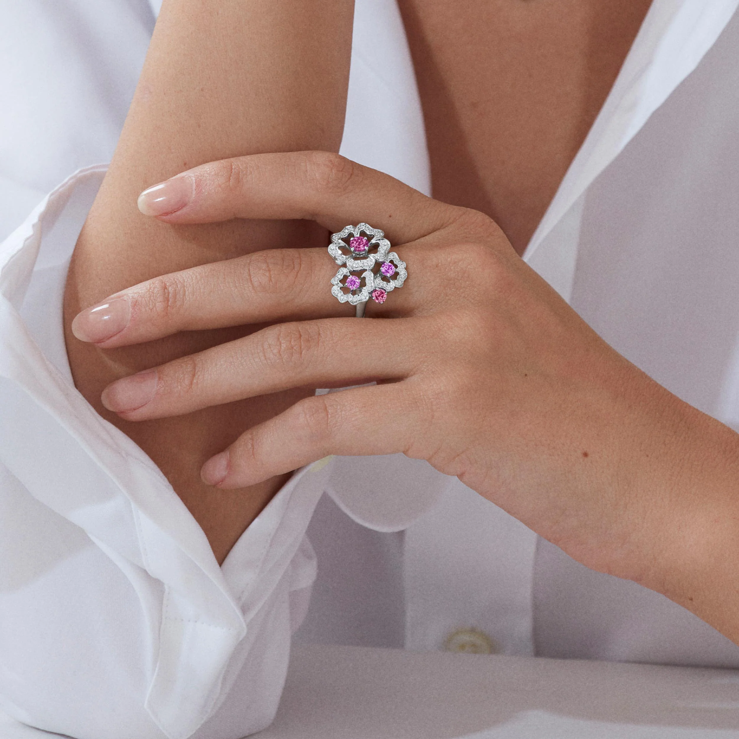 Tudor Rose Petal Tourmaline, Pink Sapphire and Rubellite Ring | In 18ct White Gold with Diamonds - Image 2