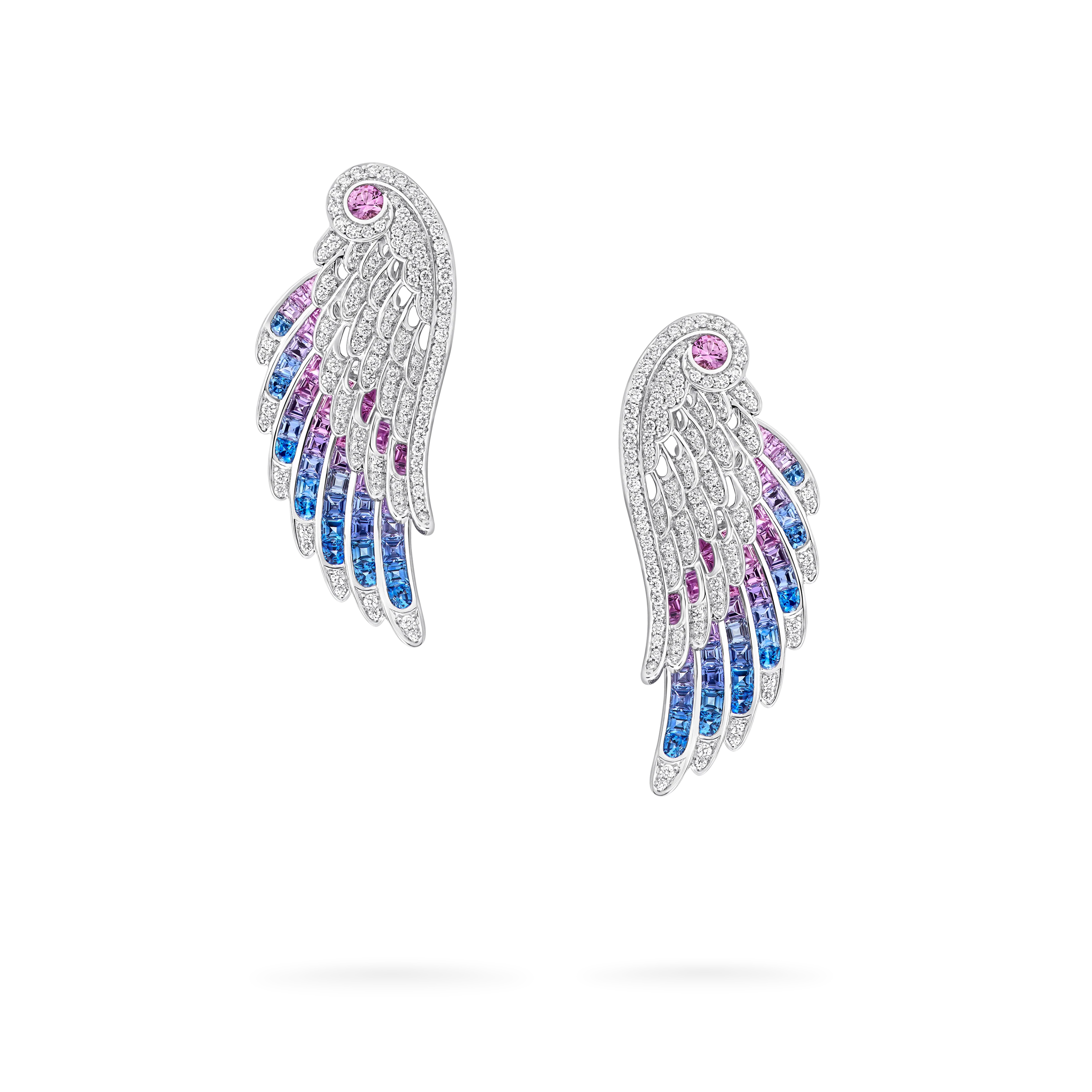 Wings Embrace Bird of Paradise Drop Earrings | In 18ct White Gold with Diamonds and Sapphires