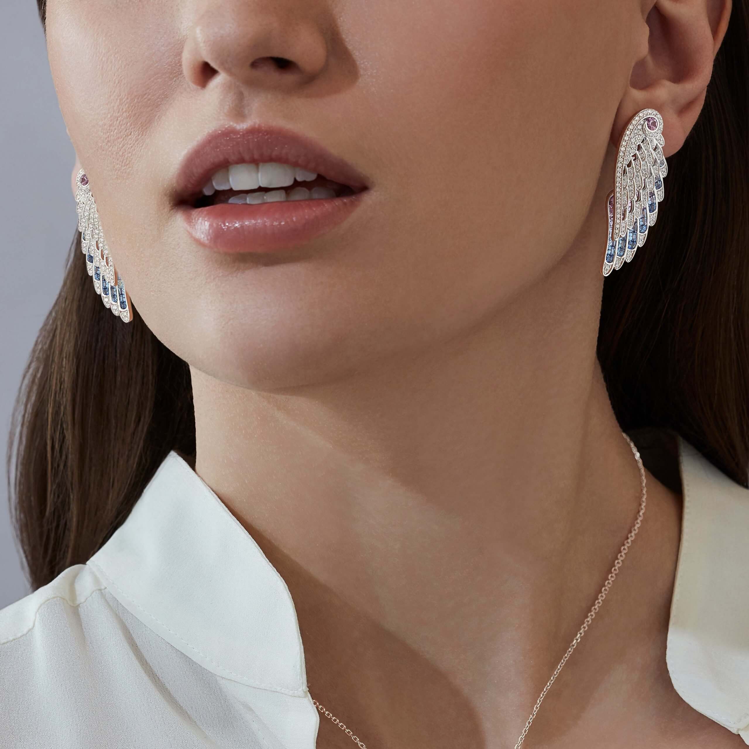 Wings Embrace Bird of Paradise Drop Earrings | In 18ct White Gold with Diamonds and Sapphires - Image 2