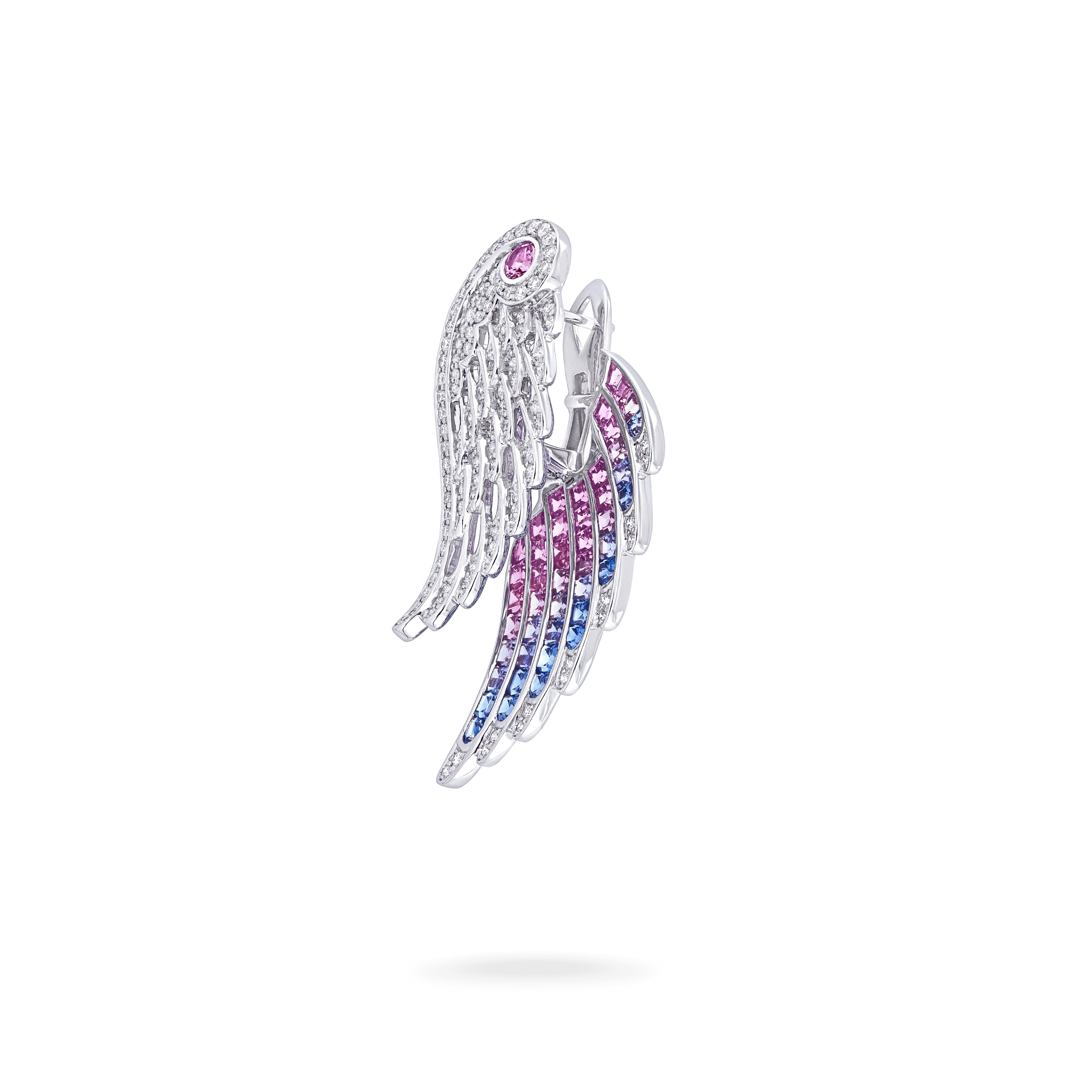 Wings Embrace Bird of Paradise Drop Earrings | In 18ct White Gold with Diamonds and Sapphires - Image 3