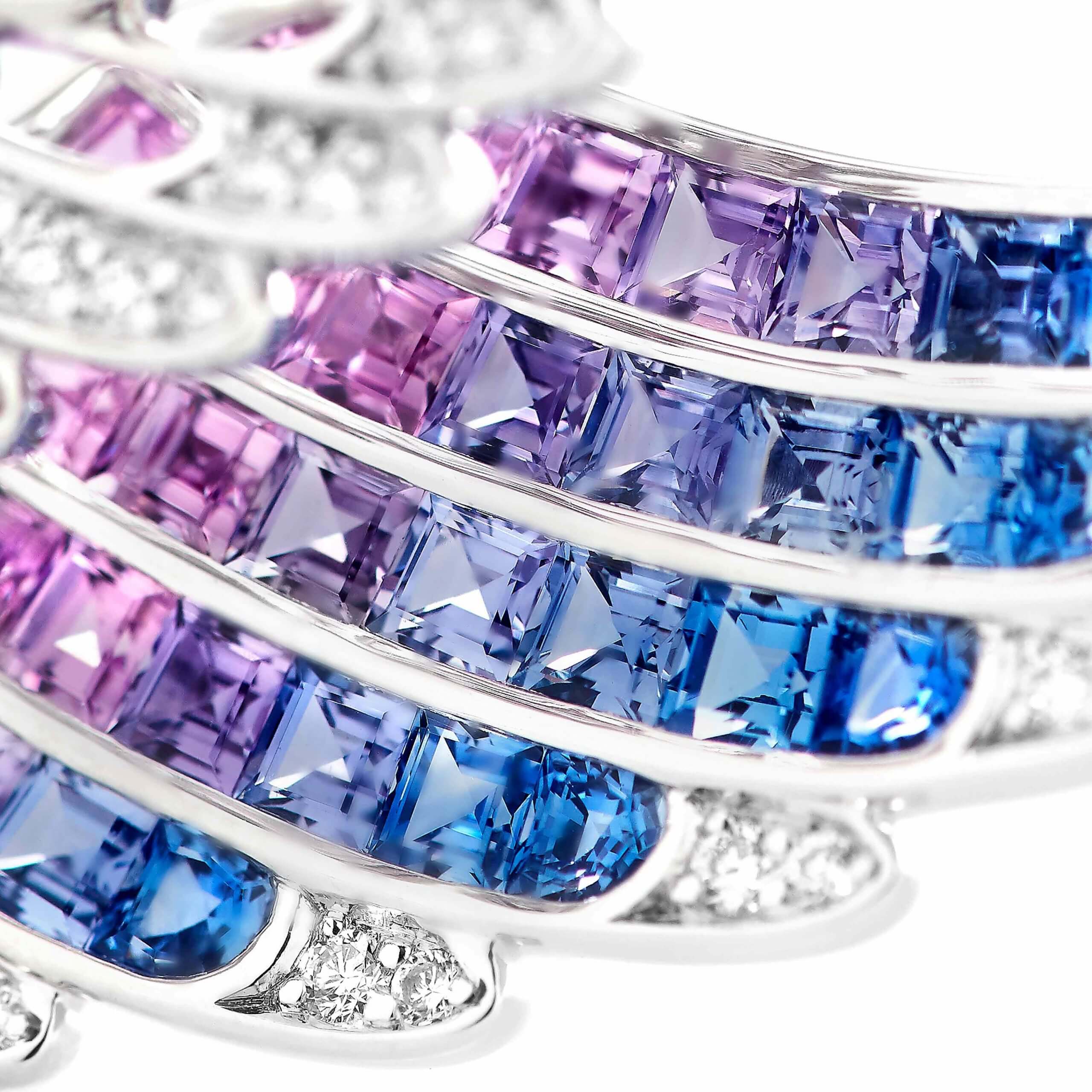 Wings Embrace Bird of Paradise Drop Earrings | In 18ct White Gold with Diamonds and Sapphires - Image 4