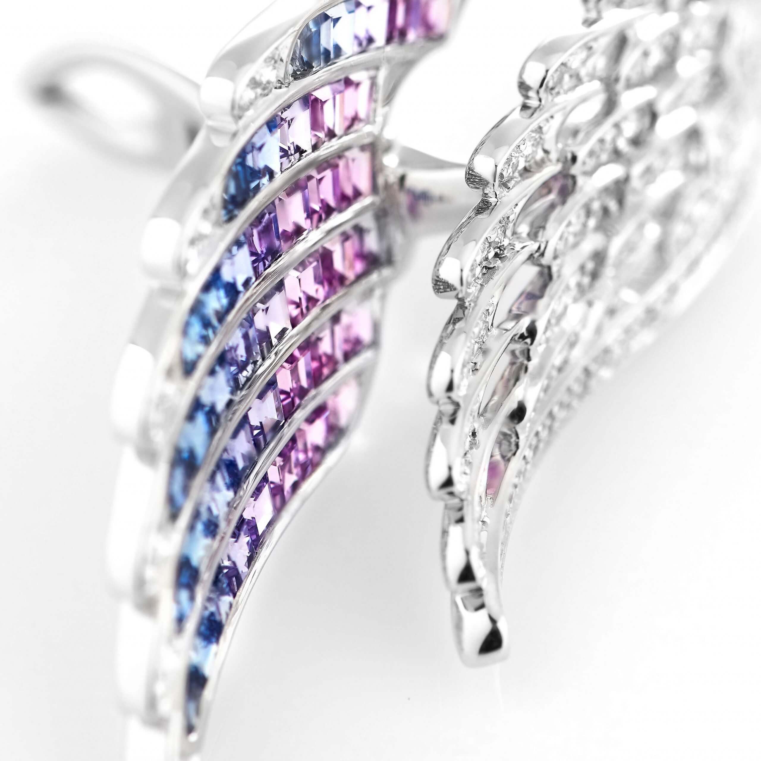Wings Embrace Bird of Paradise Drop Earrings | In 18ct White Gold with Diamonds and Sapphires - Image 5