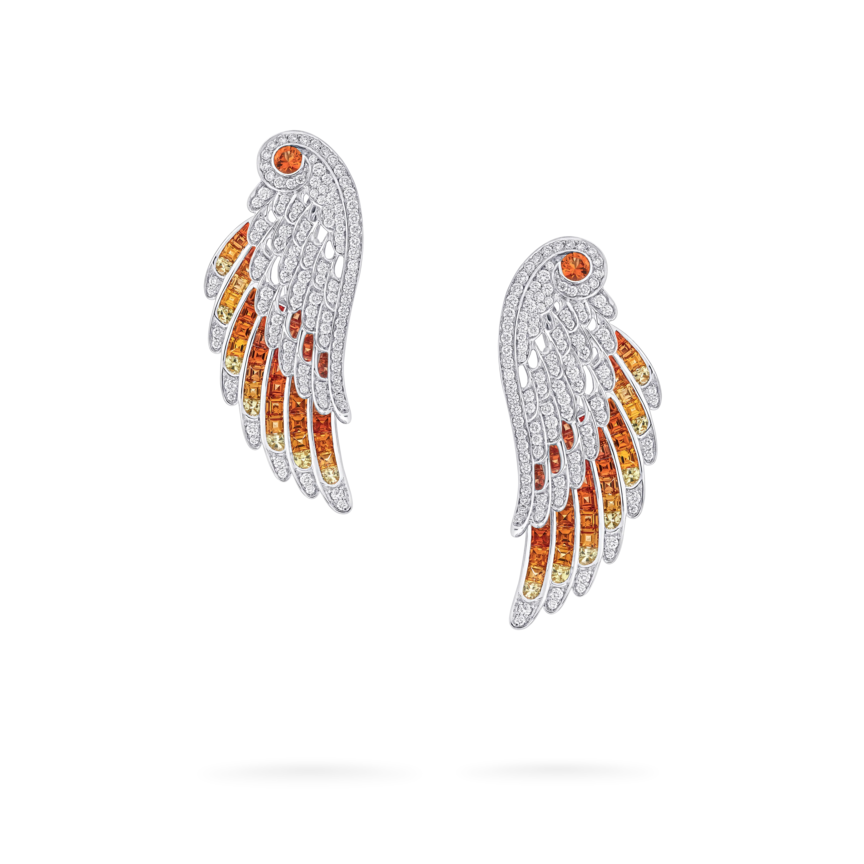Wings Embrace Phoenix Drop Earrings | In 18ct White Gold with Diamonds and Sapphires