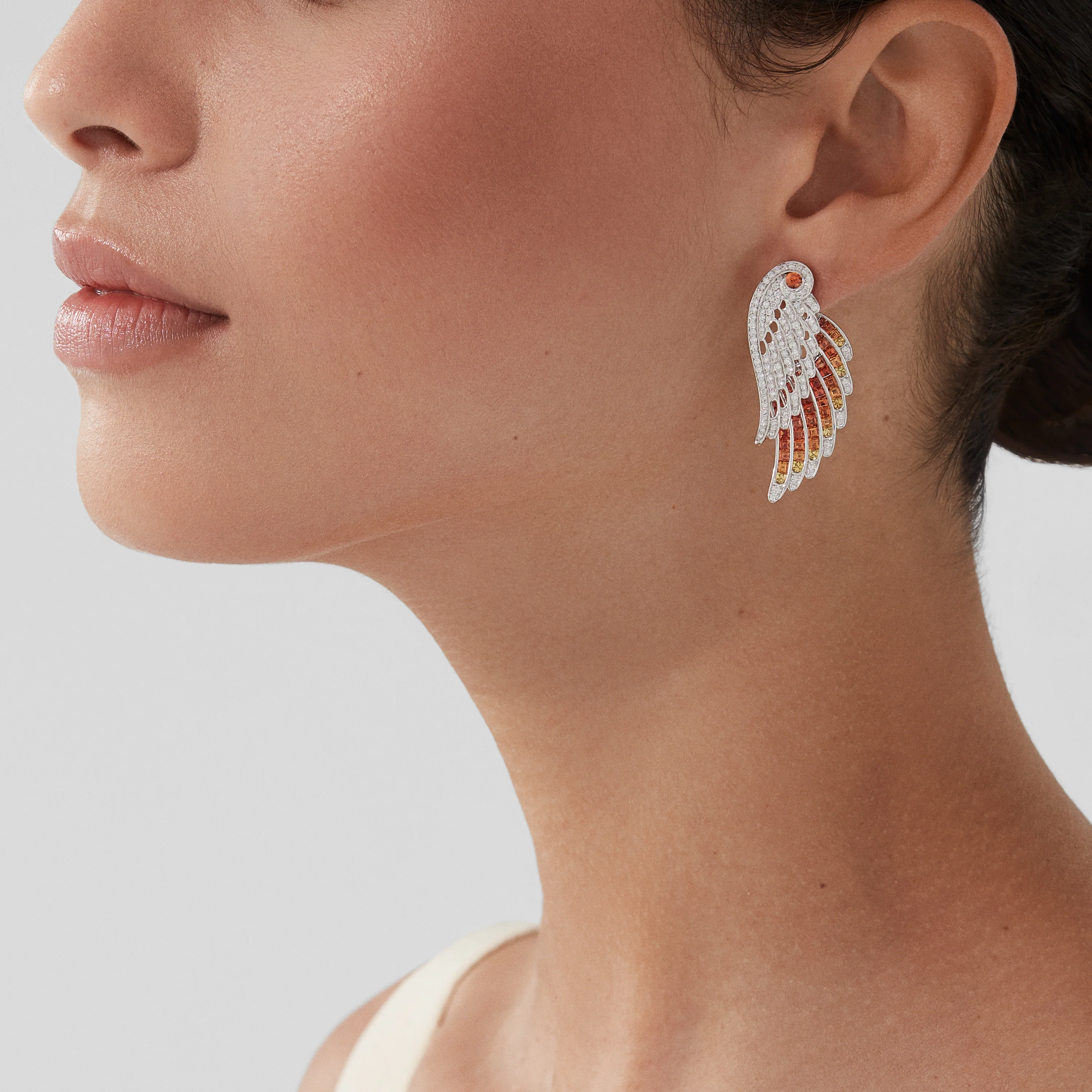 Wings Embrace Phoenix Drop Earrings | In 18ct White Gold with Diamonds and Sapphires - Image 2