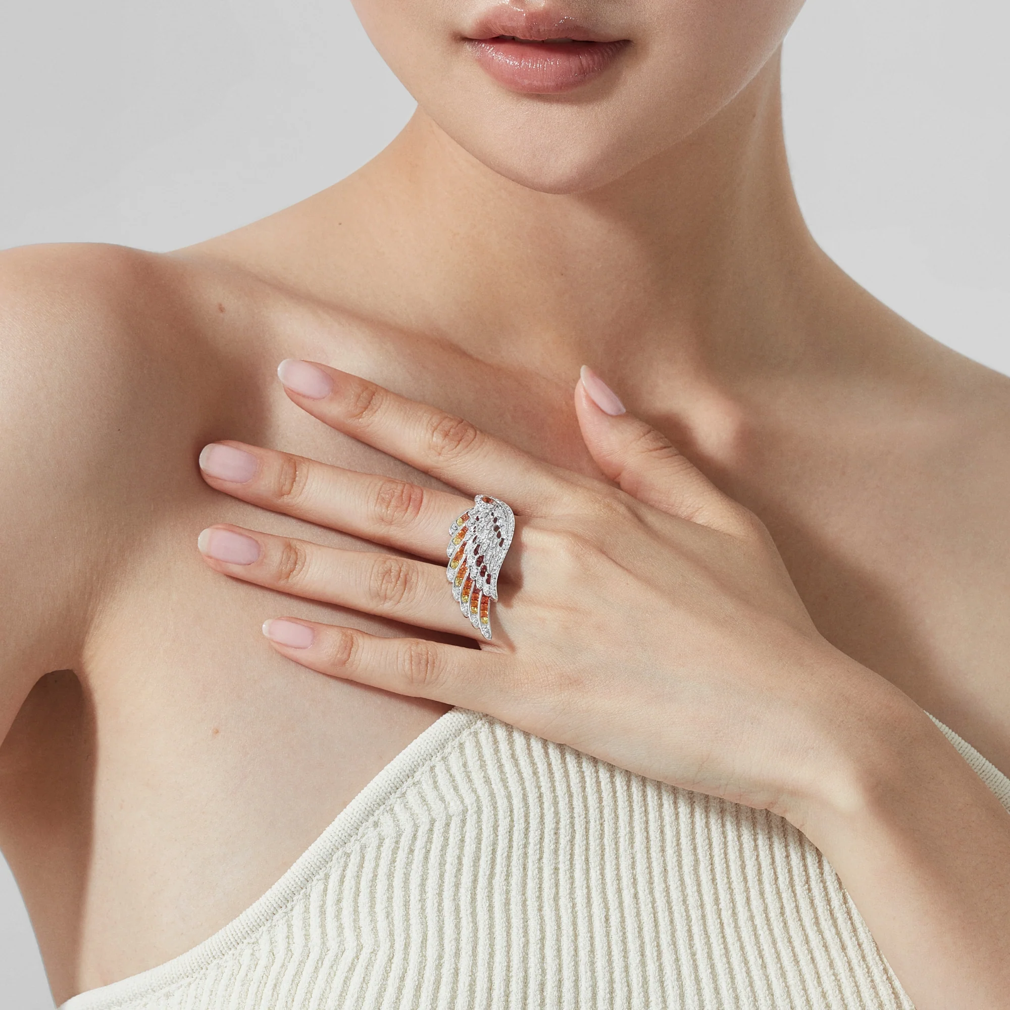 Wings Embrace Phoenix Ring | In 18ct White Gold with Diamonds and Sapphires - Image 2