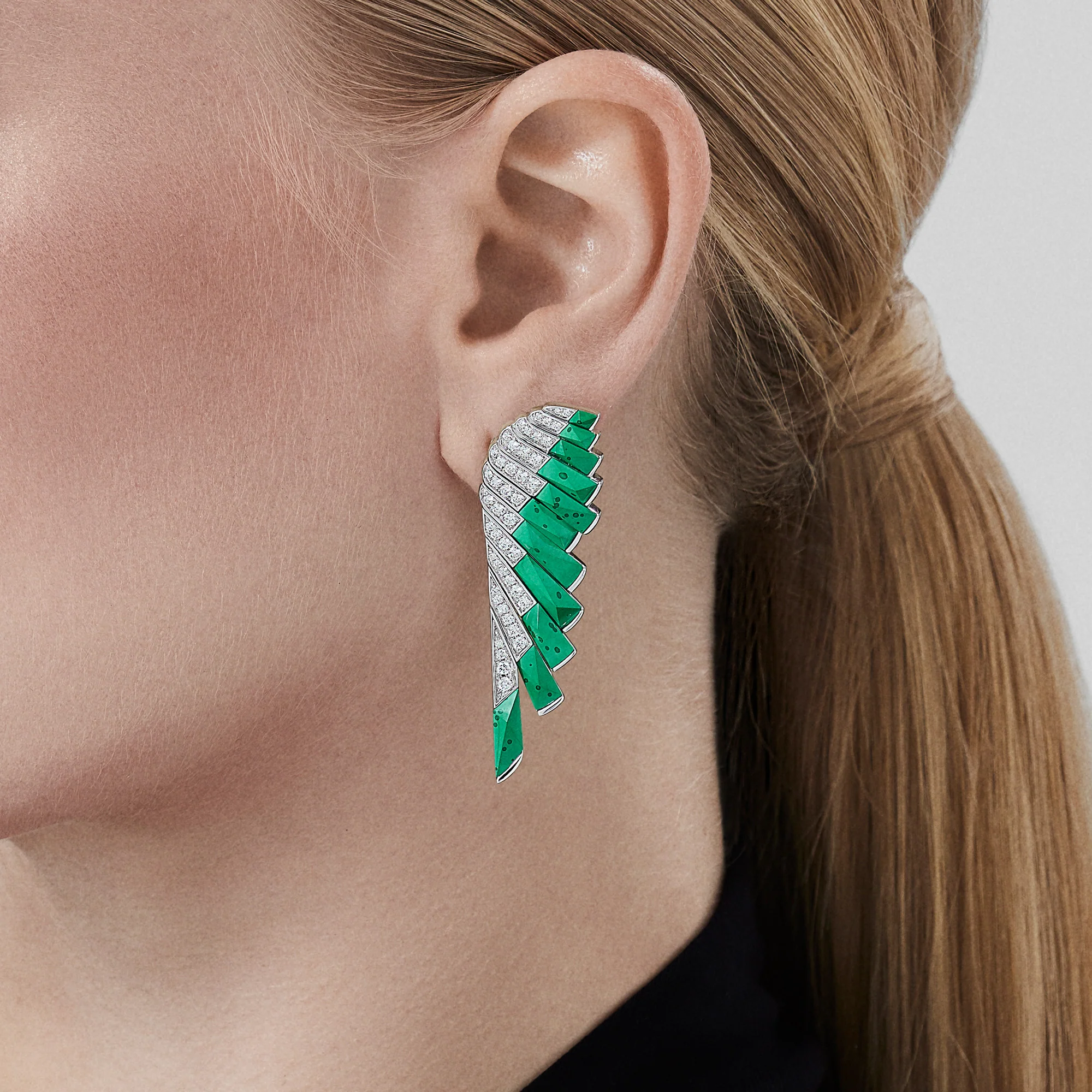 Wings Rising Apple Malachite and Diamond Earrings | In 18ct White Gold - Image 2