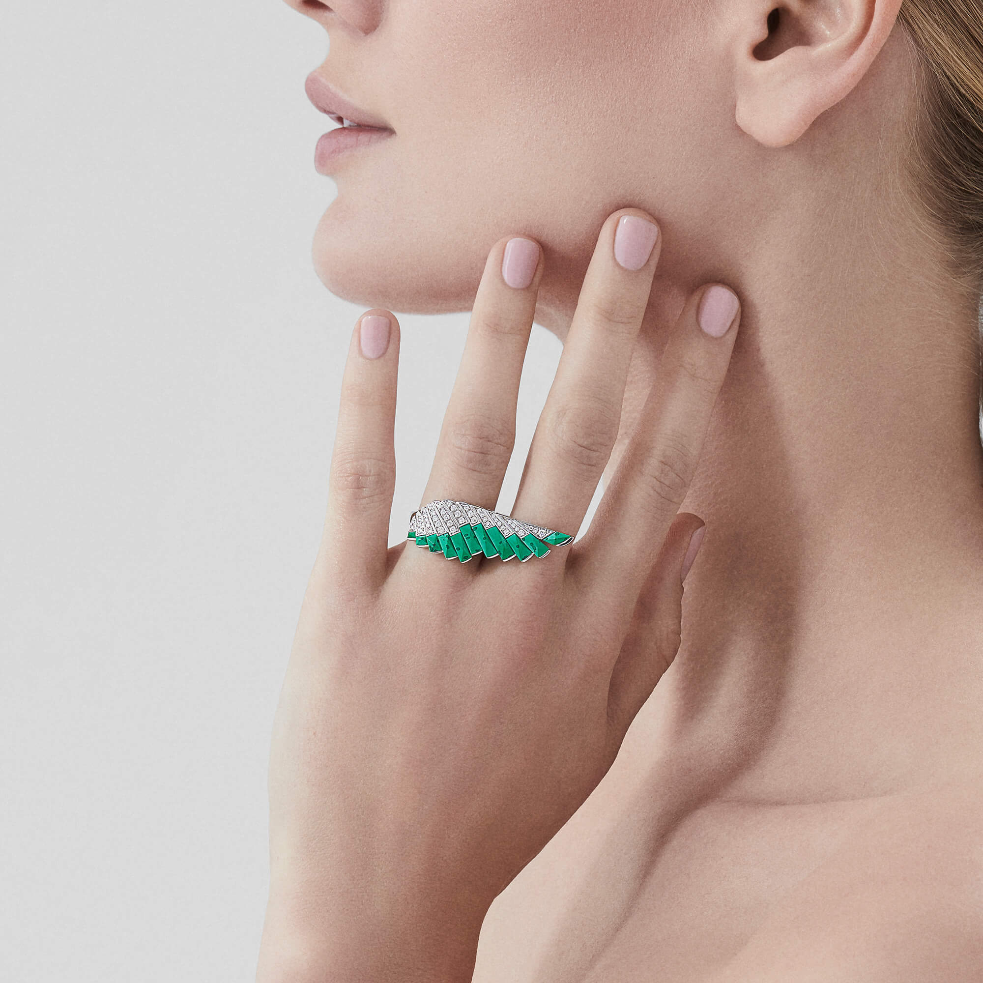 Wings Rising Apple Malachite and Diamond Ring | In 18ct White Gold - Image 2