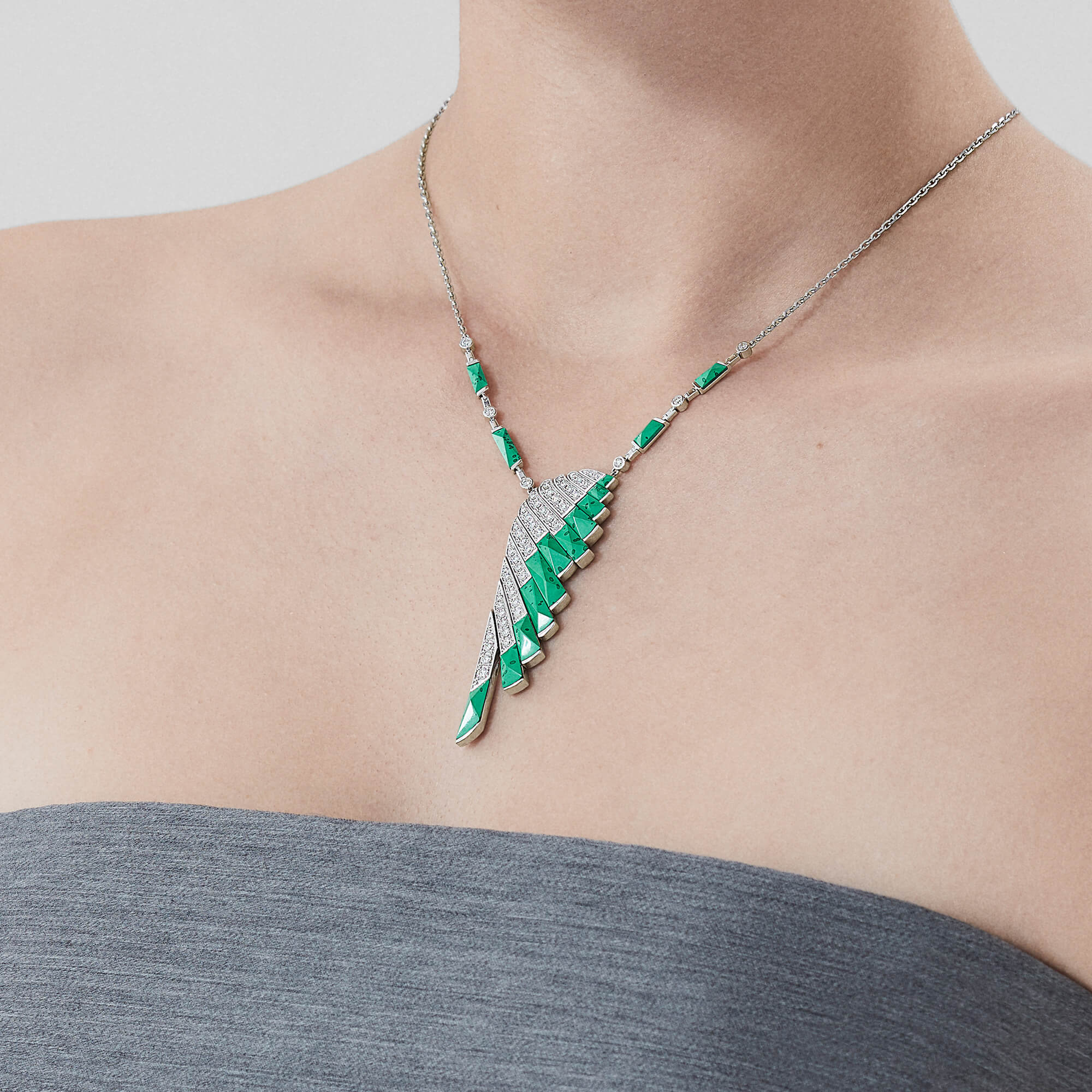 Wings Rising Apple Malachite and Diamond Slider Pendant | In 18ct White Gold - Image 2