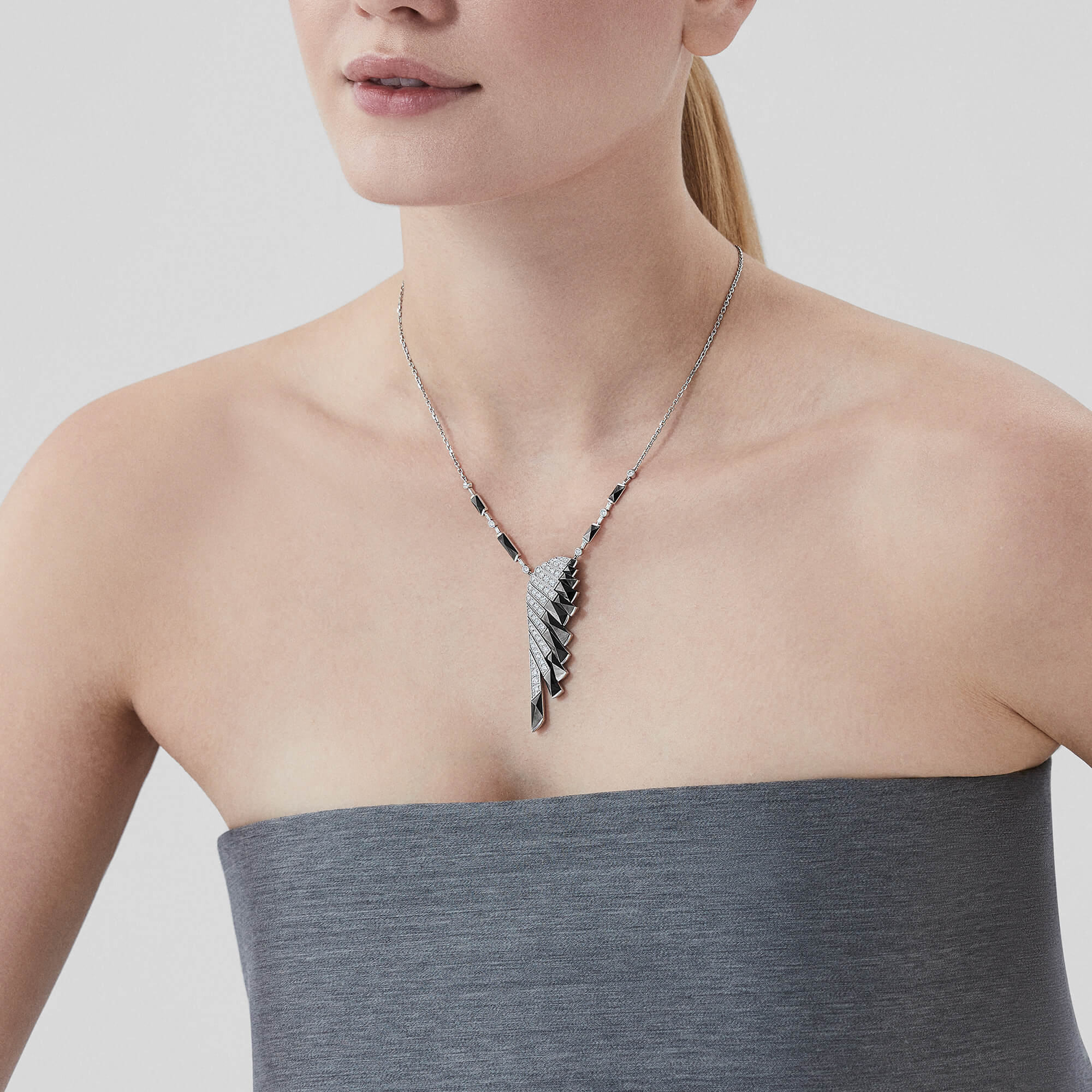 Wings Rising Black Mother of Pearl and Diamond Slider Pendant | In 18ct White Gold - Image 2