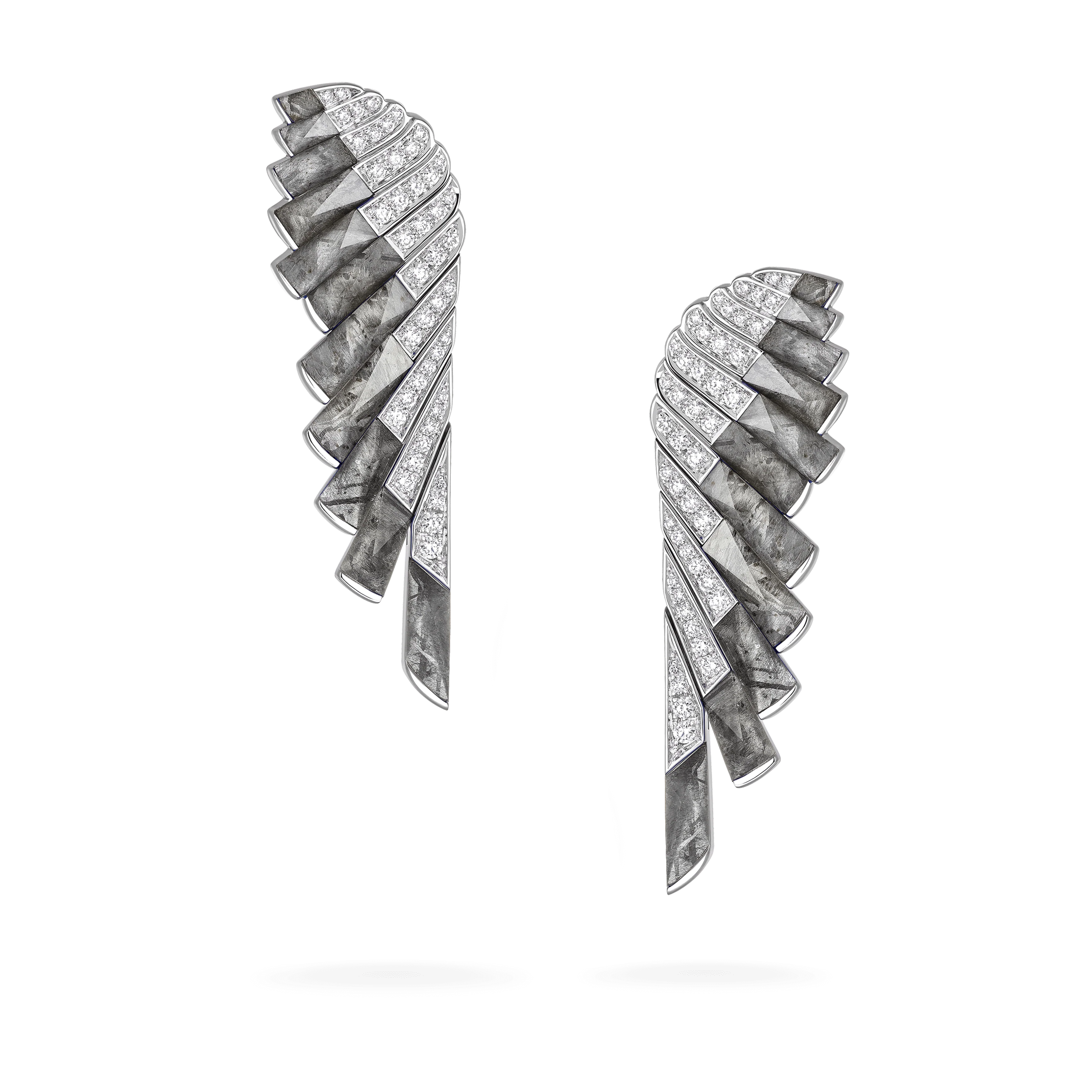 Wings Rising Limited Edition Meteorite and Rock Crystal Earrings | In 18ct White Gold with Diamonds