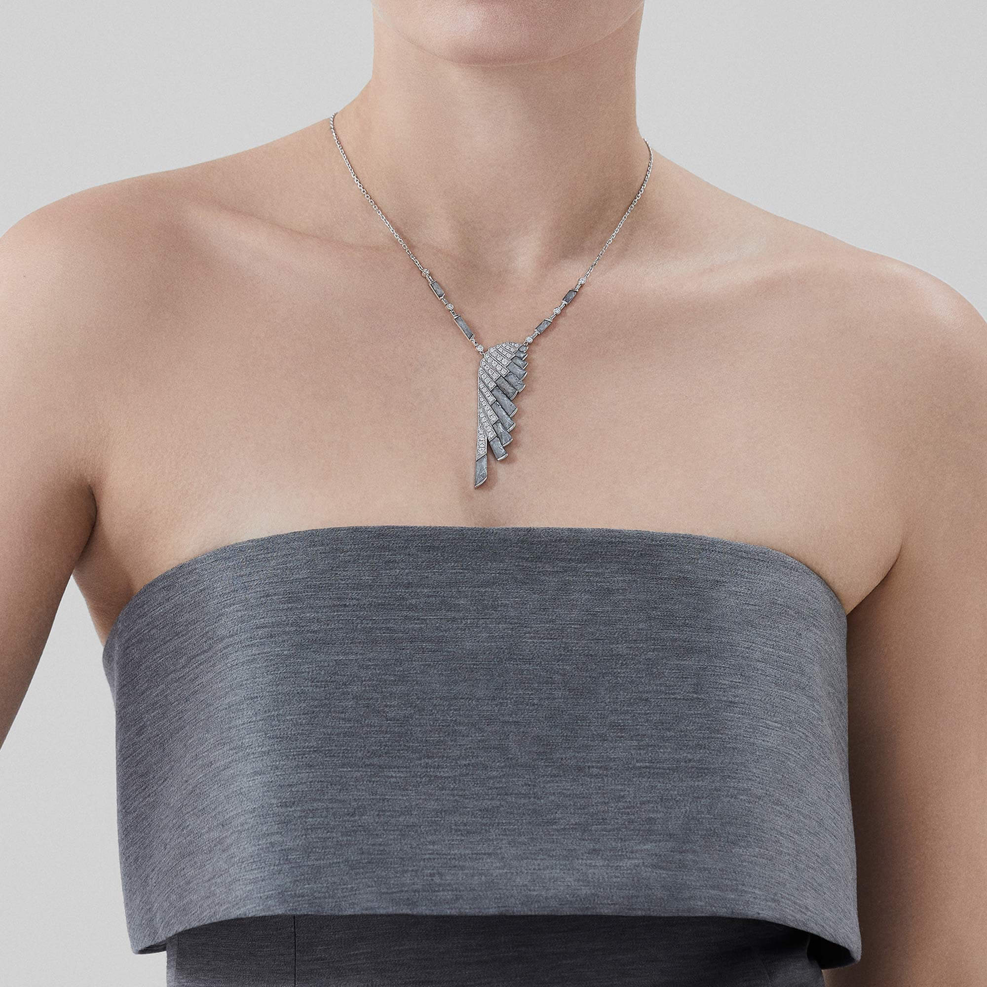 Wings Rising Limited Edition Meteorite and Rock Crystal Slider Pendant | In 18ct White Gold with Diamonds - Image 2